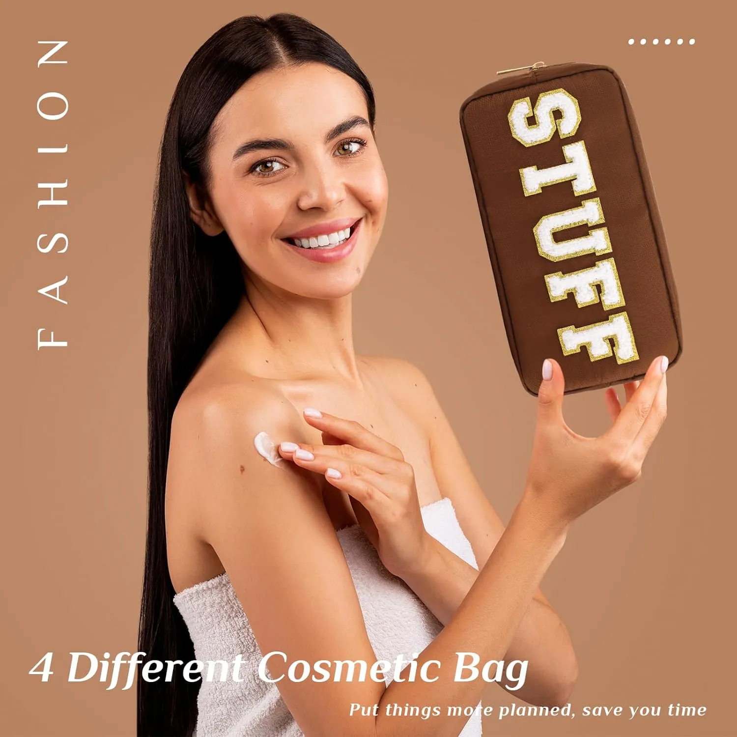 Cunno 4 Pcs Preppy Makeup Bags Chenille Letter Stuff Bag Nylon Cosmetic Pouch Cases with Zipper for Women Travel Toiletry