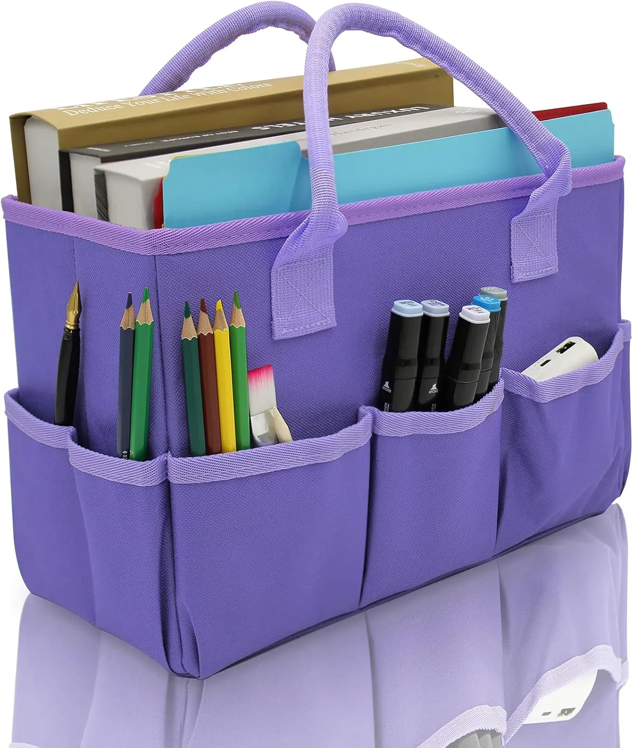 Cupohus Art Organizer Craft Storage Tote Bag with Pockets and Hadles, Oxford Fabric Carrying Caddy for Teacher, Officer, Artist, Students, Traveler, and more – Purple