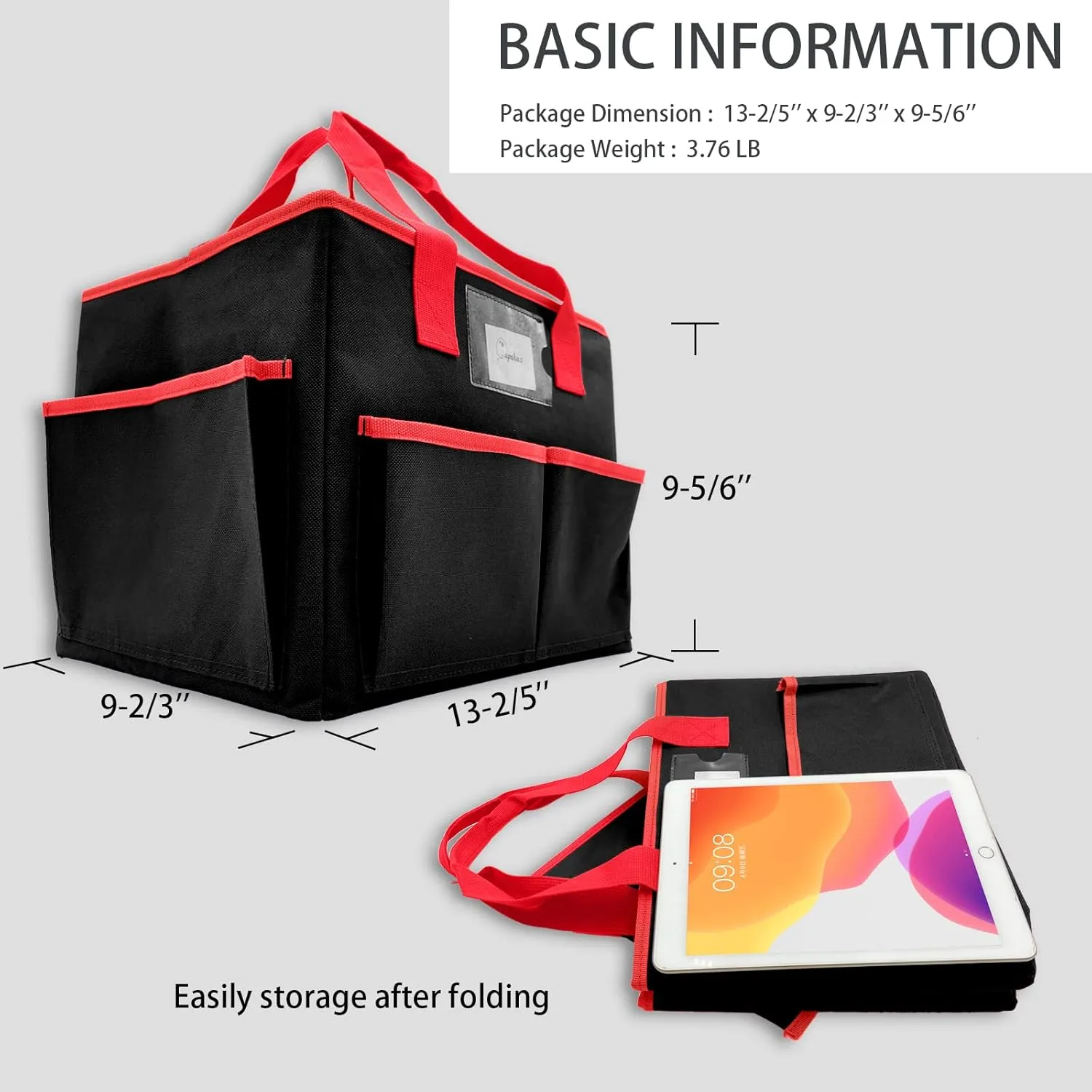 Cupohus Extra Large Art Organizer Craft Storage Tote Bag with Pockets and Hadles, Oxford Fabric Carrying Caddy for Teacher, Officer, Artist, Students, Traveler, and more – Black with Red Edge