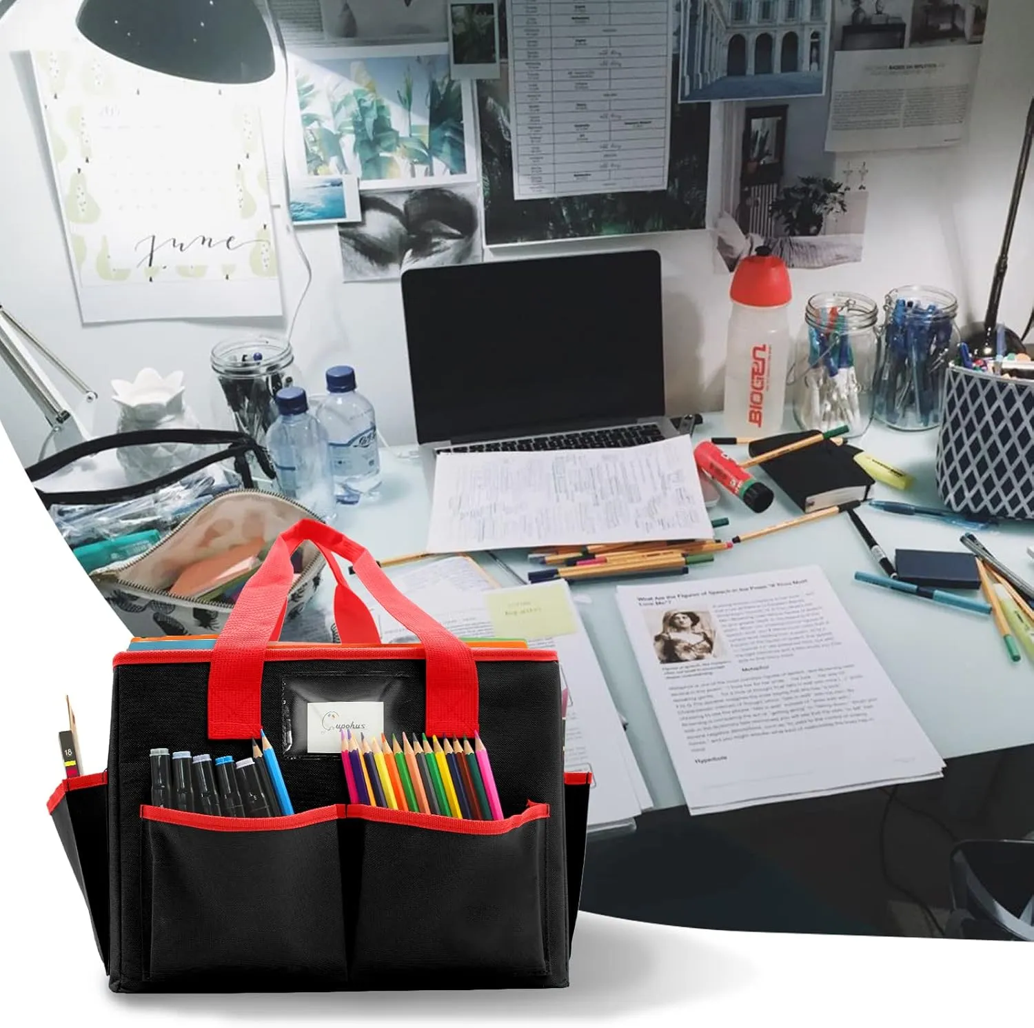 Cupohus Extra Large Art Organizer Craft Storage Tote Bag with Pockets and Hadles, Oxford Fabric Carrying Caddy for Teacher, Officer, Artist, Students, Traveler, and more – Black with Red Edge