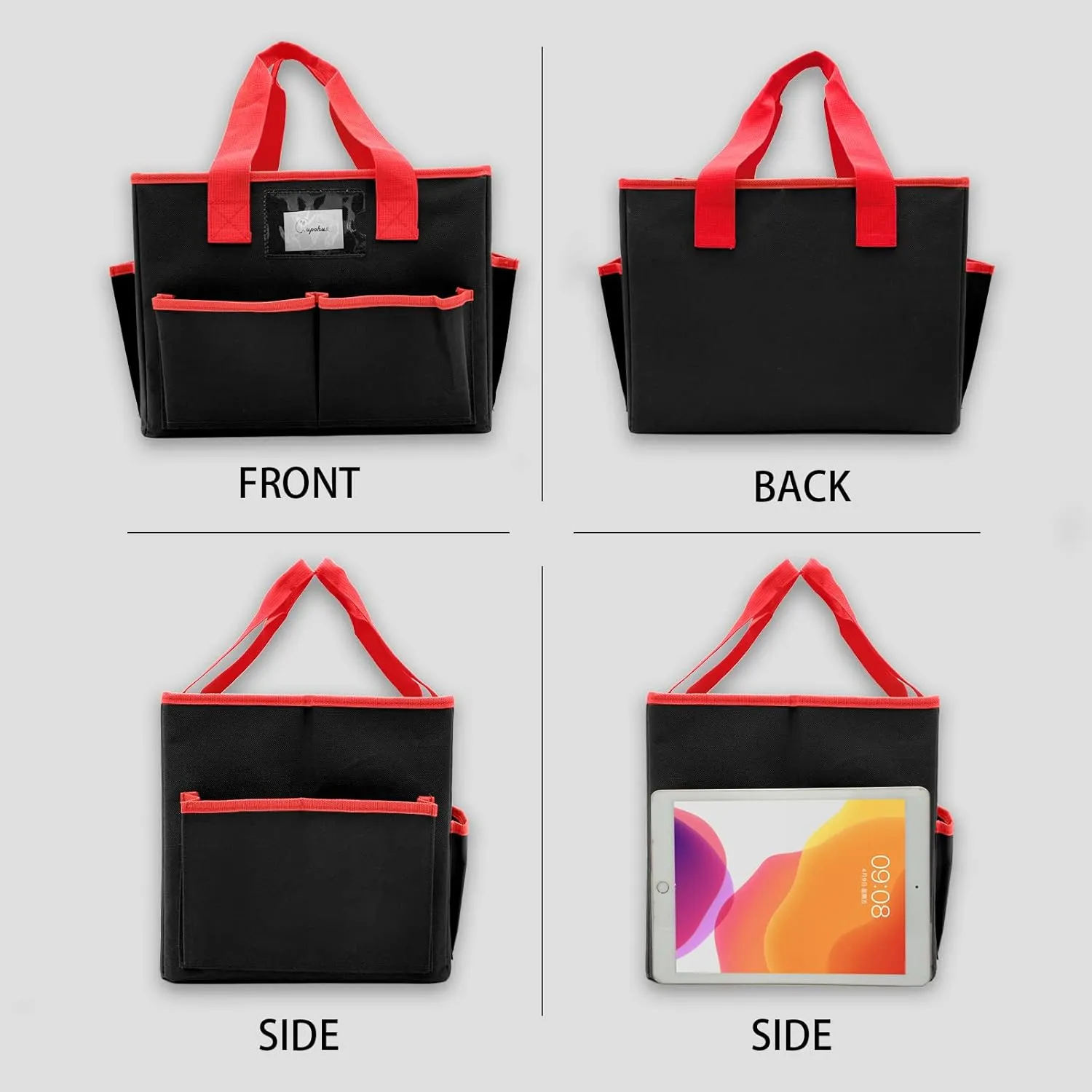 Cupohus Extra Large Art Organizer Craft Storage Tote Bag with Pockets and Hadles, Oxford Fabric Carrying Caddy for Teacher, Officer, Artist, Students, Traveler, and more – Black with Red Edge