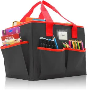 Cupohus Extra Large Art Organizer Craft Storage Tote Bag with Pockets and Hadles, Oxford Fabric Carrying Caddy for Teacher, Officer, Artist, Students, Traveler, and more – Black with Red Edge