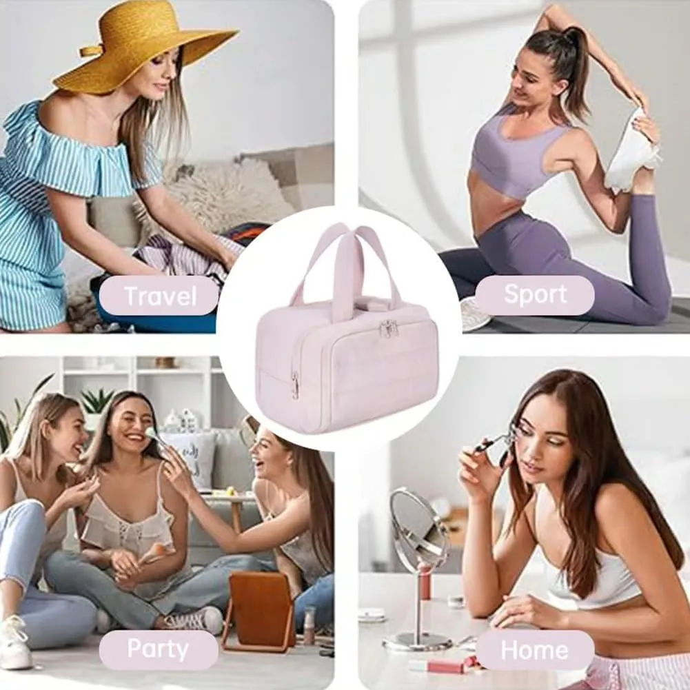 Cureaway Travel Cosmetic Bag, Large Capacity Wide-Open Travel Cosmetic Bag, Humidity Travels Cosmetic Bags, for Women with Divider and Handle Lightweight Waterproof (Beige)