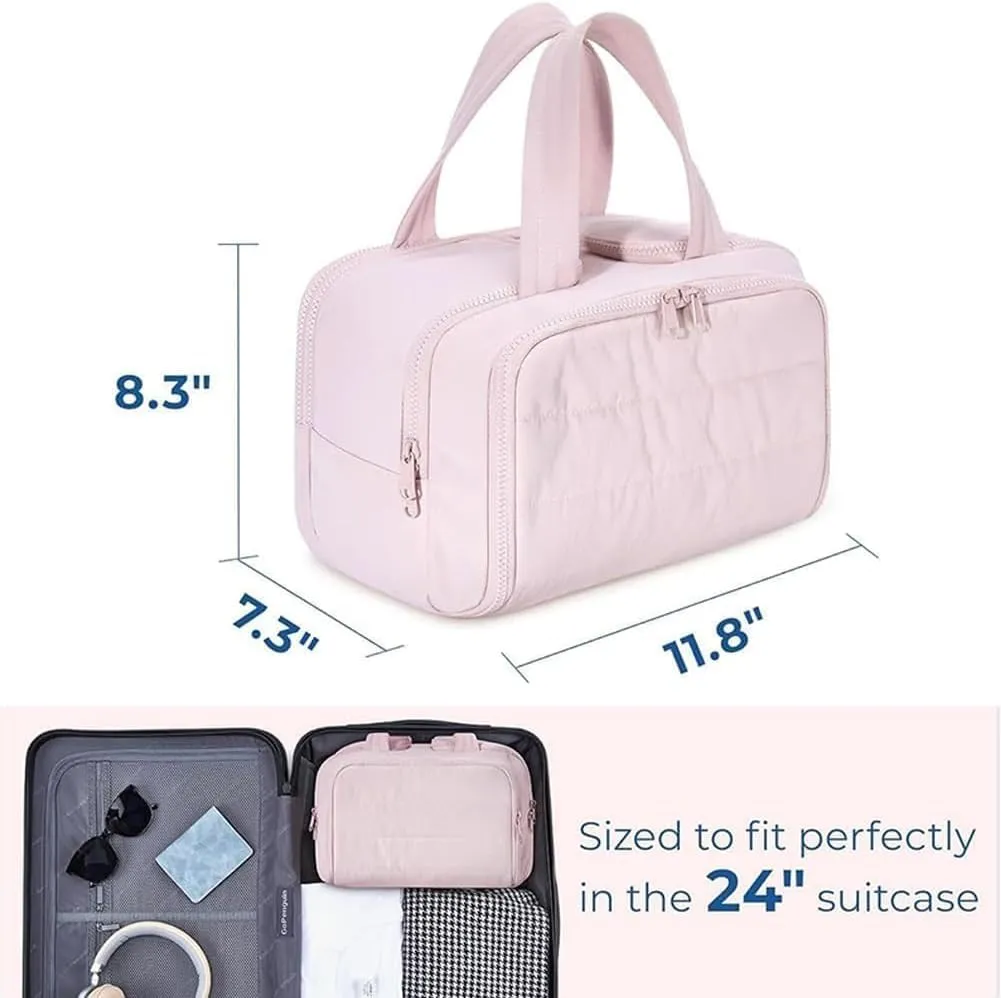 Cureaway Travel Cosmetic Bag, Large Capacity Wide-Open Travel Cosmetic Bag, Humidity Travels Cosmetic Bags, for Women with Divider and Handle Lightweight Waterproof (Beige)