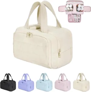 Cureaway Travel Cosmetic Bag, Large Capacity Wide-Open Travel Cosmetic Bag, Humidity Travels Cosmetic Bags, for Women with Divider and Handle Lightweight Waterproof (Beige)