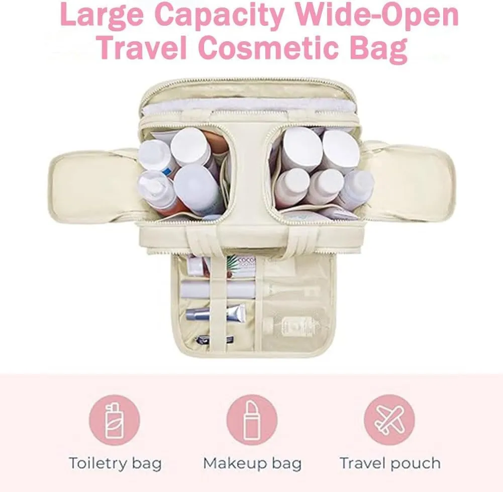 Cureaway Travel Cosmetic Bag, Large Capacity Wide-Open Travel Cosmetic Bag, Humidity Travels Cosmetic Bags, for Women with Divider and Handle Lightweight Waterproof (Beige)
