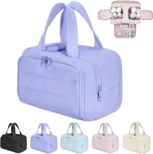 Cureaway Travel Cosmetic Bag, Large Capacity Wide-Open Travel Cosmetic Bag, Humidity Travels Cosmetic Bags, for Women with Divider and Handle Lightweight Waterproof (Purple)