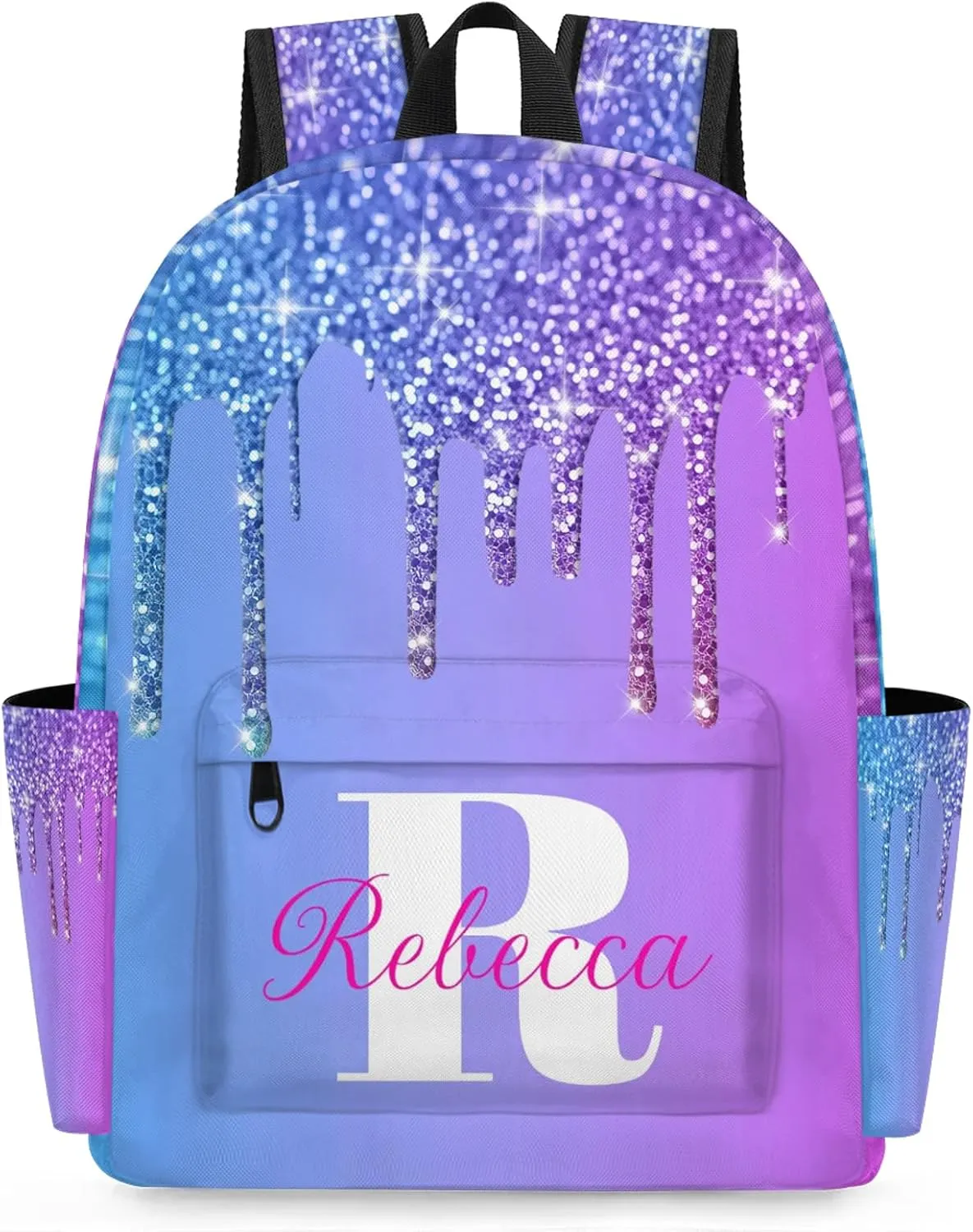 Custom Backpack with Initial & Name Personalized Shoulder Bag for Women Men Waterproof Travel Casual Backpack 15.1in, Blue Purple