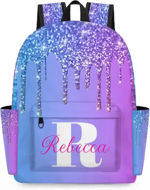 Custom Backpack with Initial & Name Personalized Shoulder Bag for Women Men Waterproof Travel Casual Backpack 15.1in, Blue Purple