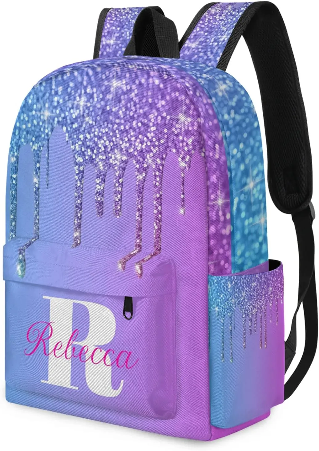 Custom Backpack with Initial & Name Personalized Shoulder Bag for Women Men Waterproof Travel Casual Backpack 15.1in, Blue Purple