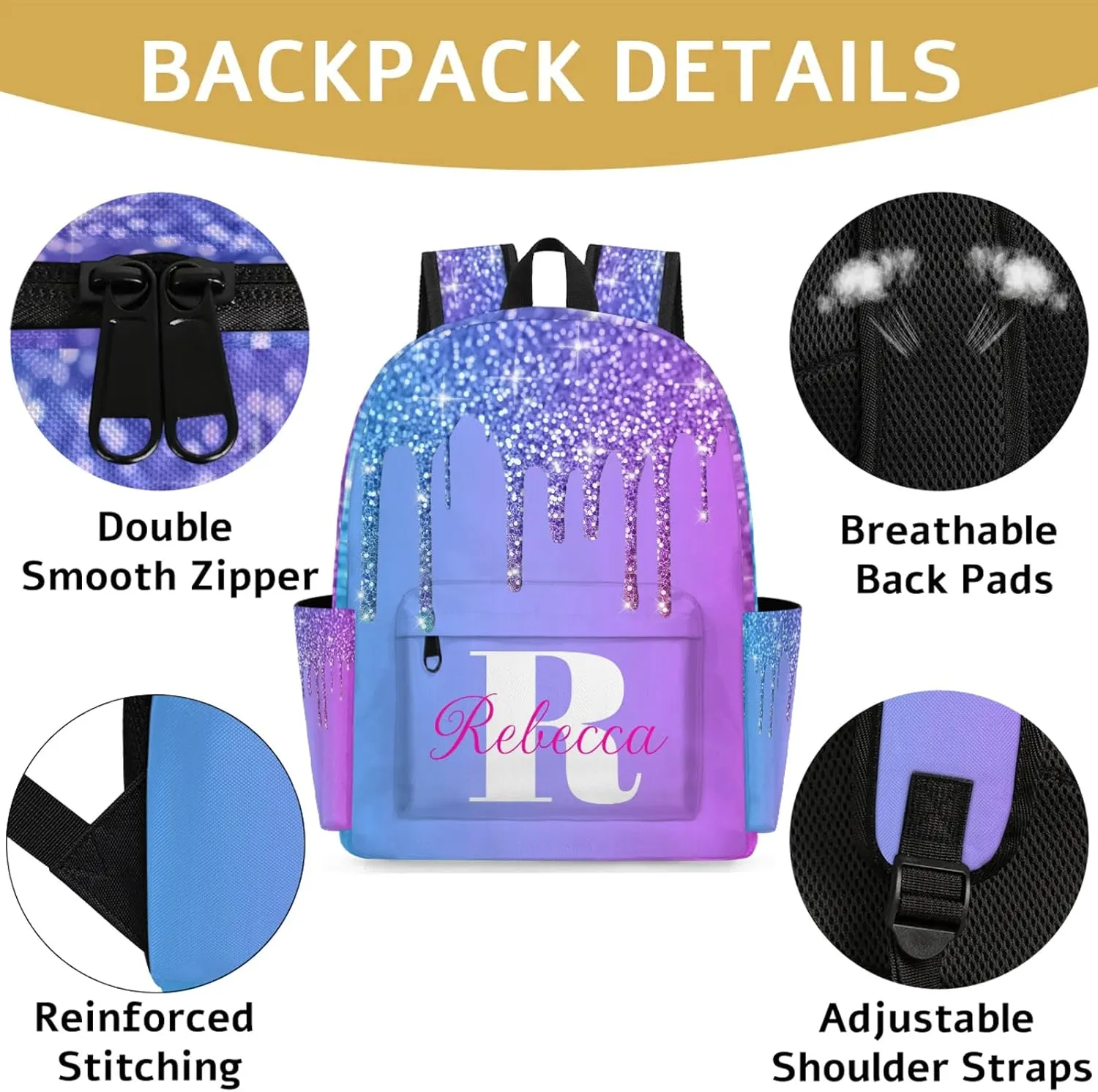 Custom Backpack with Initial & Name Personalized Shoulder Bag for Women Men Waterproof Travel Casual Backpack 15.1in, Blue Purple