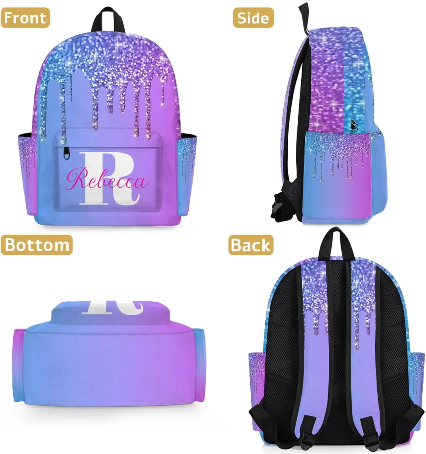 Custom Backpack with Initial & Name Personalized Shoulder Bag for Women Men Waterproof Travel Casual Backpack 15.1in, Blue Purple