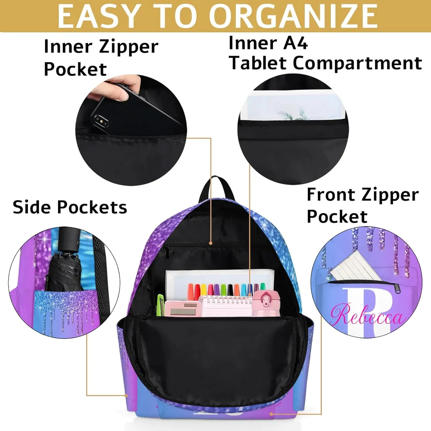 Custom Backpack with Initial & Name Personalized Shoulder Bag for Women Men Waterproof Travel Casual Backpack 15.1in, Blue Purple