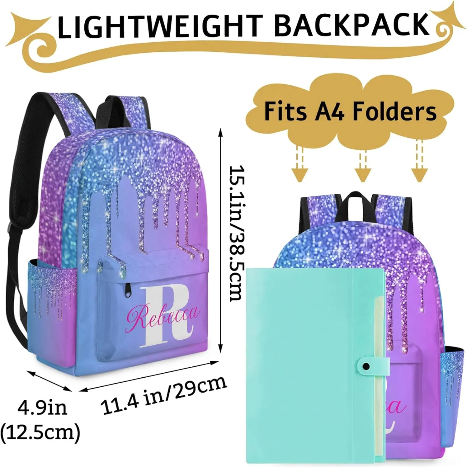Custom Backpack with Initial & Name Personalized Shoulder Bag for Women Men Waterproof Travel Casual Backpack 15.1in, Blue Purple