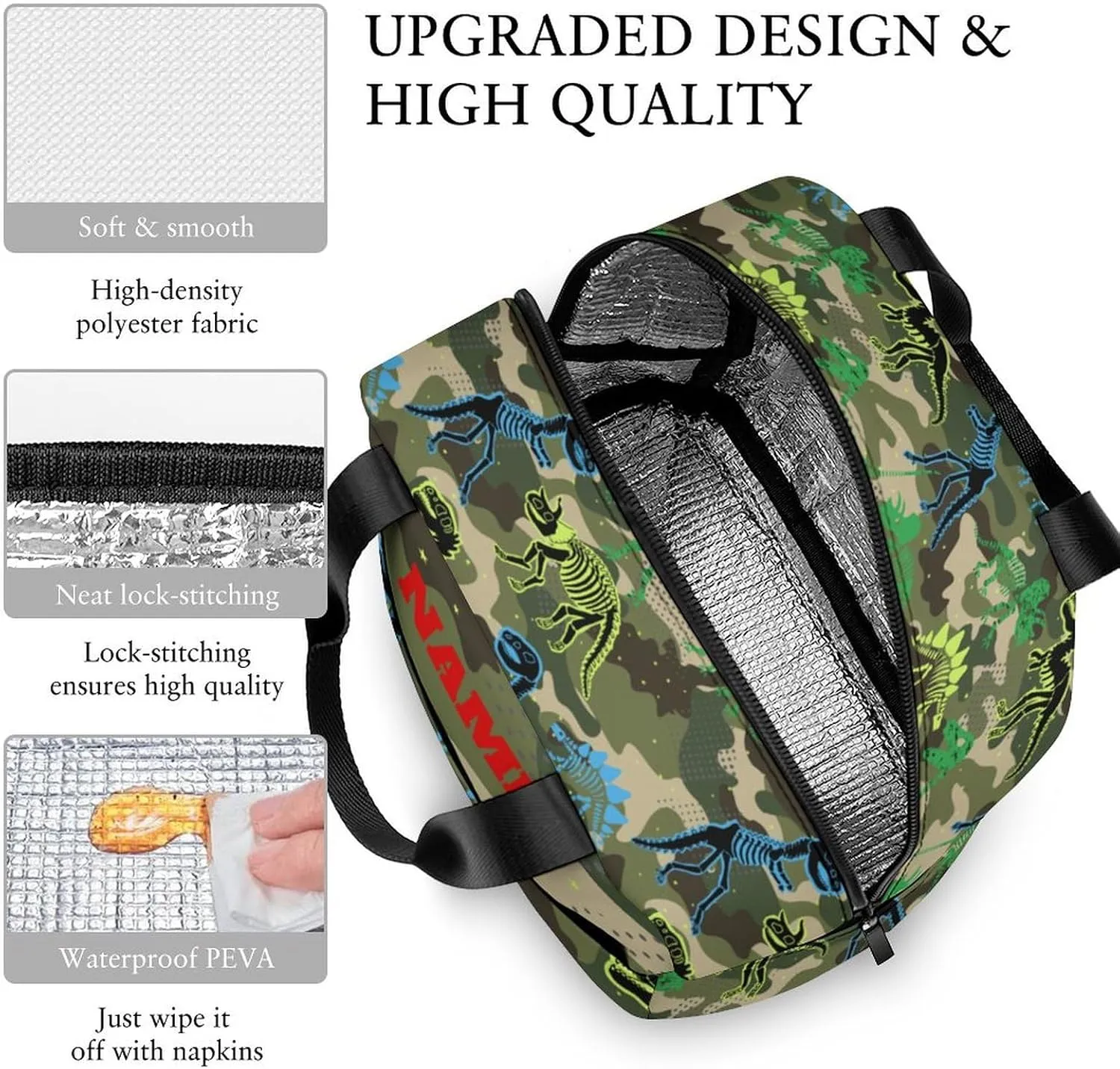 Custom Camouflage Dinosaur Skeleton Backpack for Kids Boys Girls Personalized Name School Bag with Lunch Bag Kids Water Bottle Customize 3Pcs Backpack Set