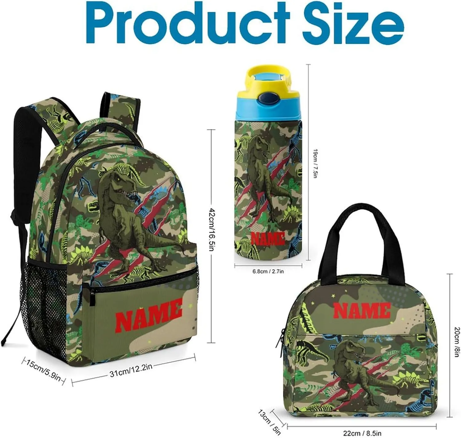 Custom Camouflage Dinosaur Skeleton Backpack for Kids Boys Girls Personalized Name School Bag with Lunch Bag Kids Water Bottle Customize 3Pcs Backpack Set