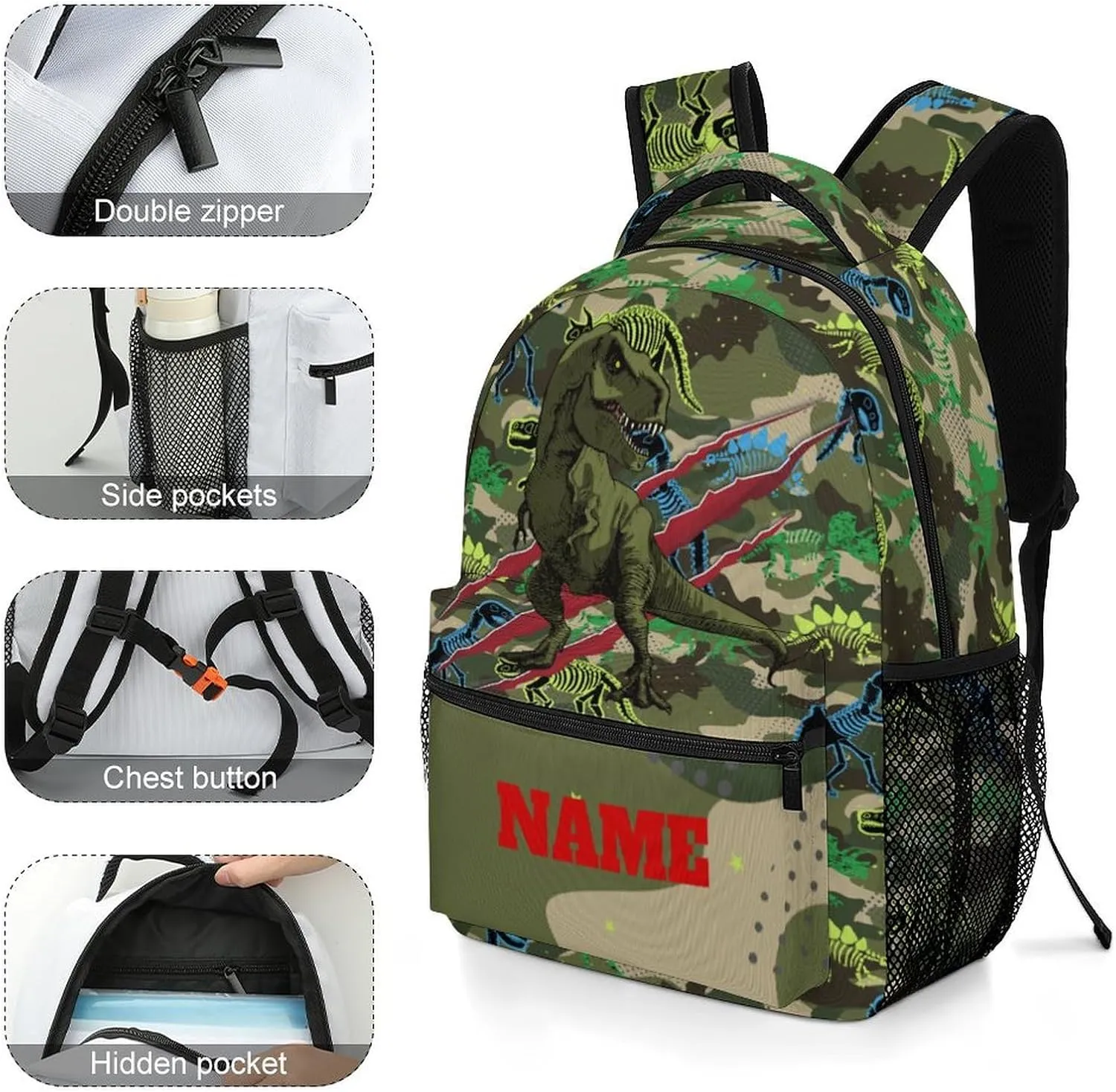 Custom Camouflage Dinosaur Skeleton Backpack for Kids Boys Girls Personalized Name School Bag with Lunch Bag Kids Water Bottle Customize 3Pcs Backpack Set