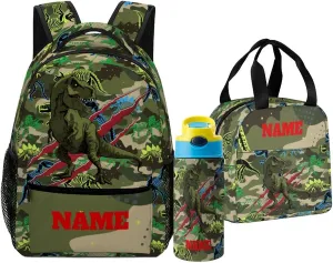 Custom Camouflage Dinosaur Skeleton Backpack for Kids Boys Girls Personalized Name School Bag with Lunch Bag Kids Water Bottle Customize 3Pcs Backpack Set