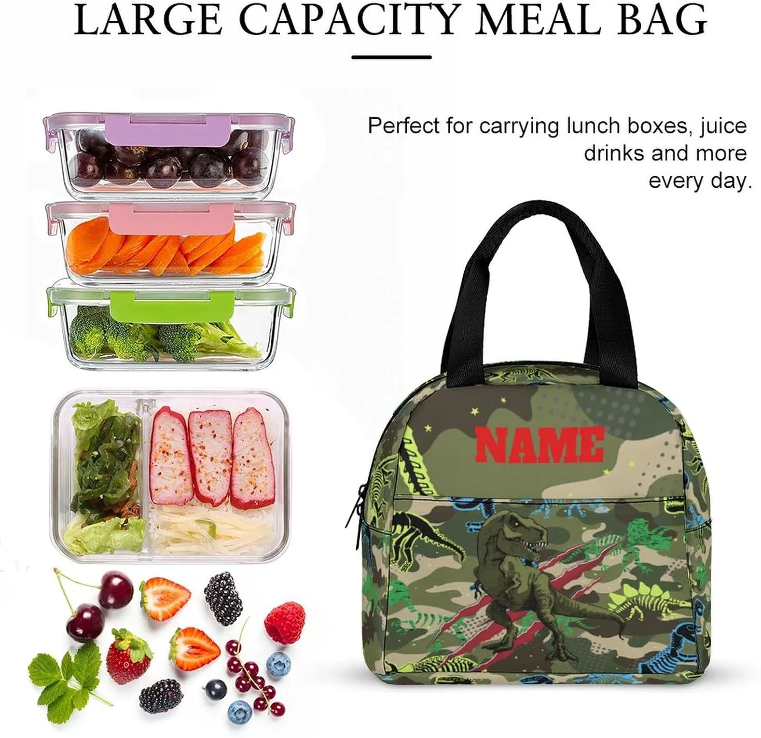 Custom Camouflage Dinosaur Skeleton Backpack for Kids Boys Girls Personalized Name School Bag with Lunch Bag Kids Water Bottle Customize 3Pcs Backpack Set