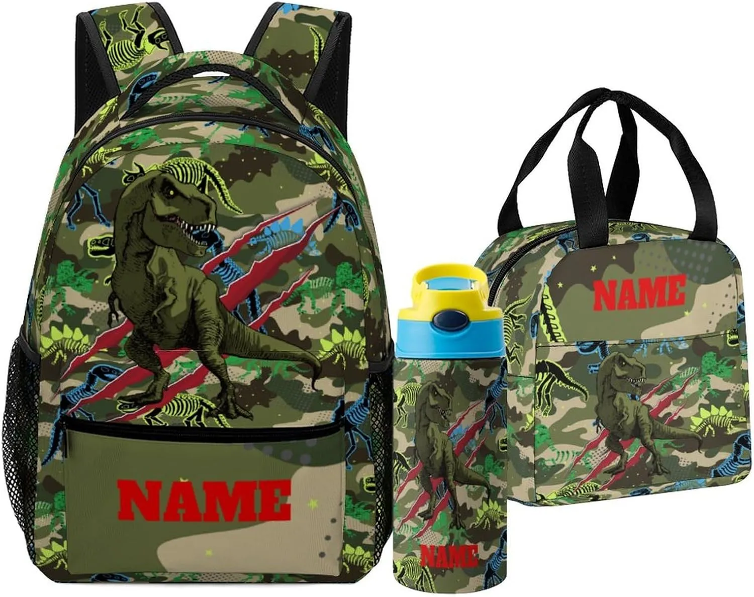 Custom Camouflage Dinosaur Skeleton Backpack for Kids Boys Girls Personalized Name School Bag with Lunch Bag Kids Water Bottle Customize 3Pcs Backpack Set