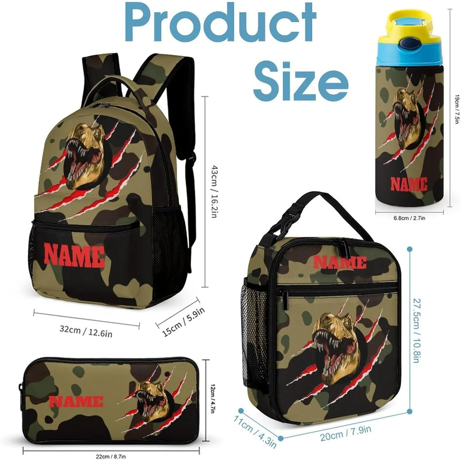 Custom Camouflage Dinosaur T-rex Backpack Set 4 in 1 Personalized Add Your Name School Bag with Lunch Bag Pencil Case Water Bottle Customized Backpack for Kids Girls Boys