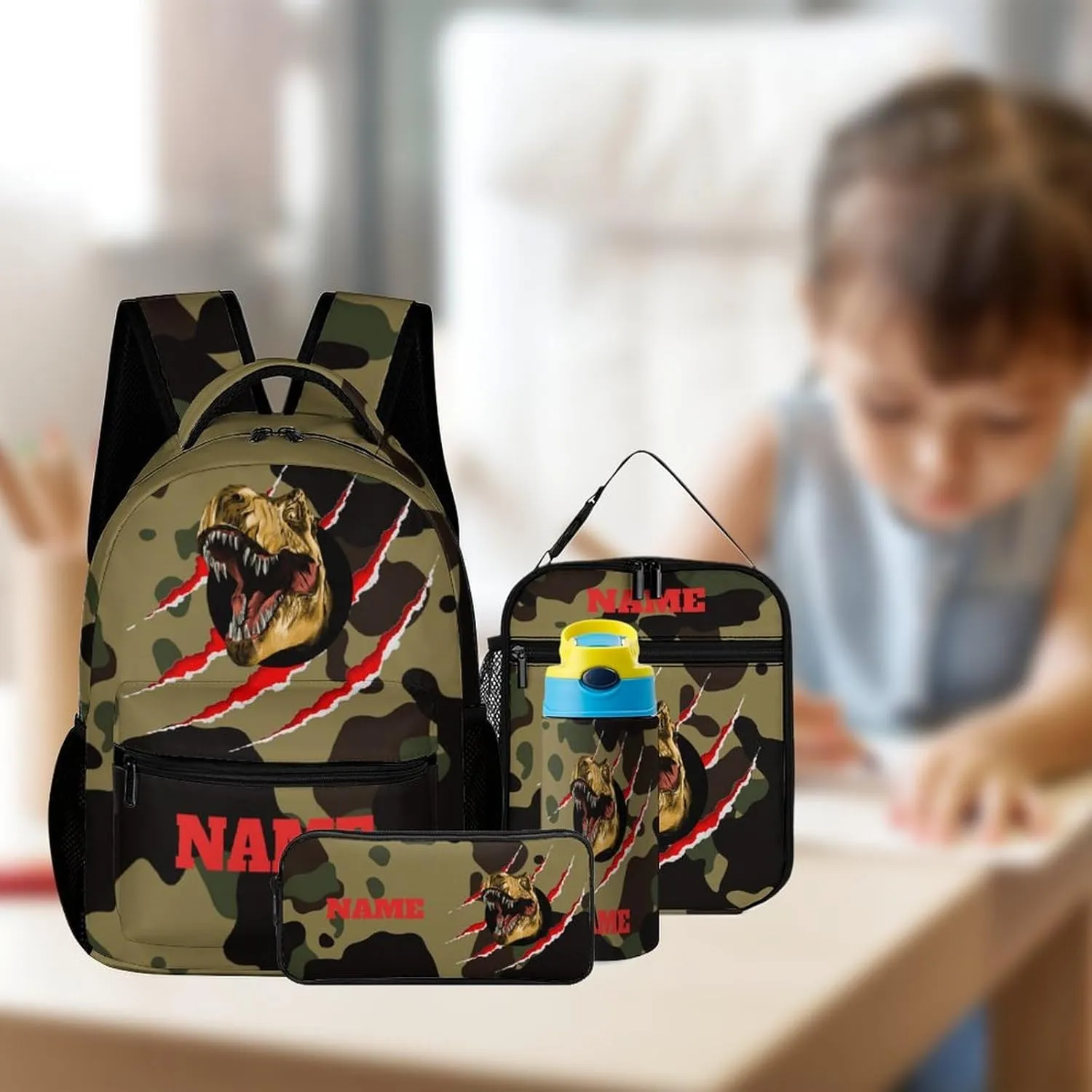 Custom Camouflage Dinosaur T-rex Backpack Set 4 in 1 Personalized Add Your Name School Bag with Lunch Bag Pencil Case Water Bottle Customized Backpack for Kids Girls Boys
