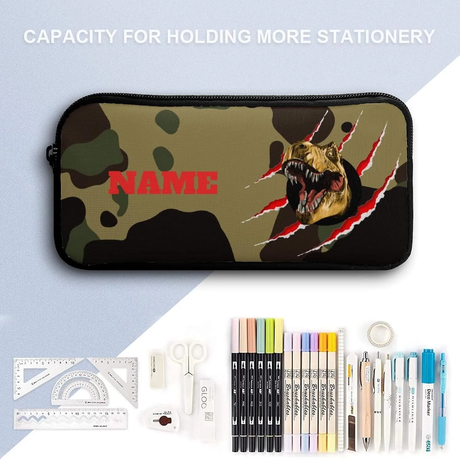 Custom Camouflage Dinosaur T-rex Backpack Set 4 in 1 Personalized Add Your Name School Bag with Lunch Bag Pencil Case Water Bottle Customized Backpack for Kids Girls Boys