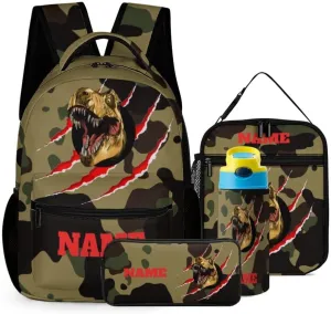 Custom Camouflage Dinosaur T-rex Backpack Set 4 in 1 Personalized Add Your Name School Bag with Lunch Bag Pencil Case Water Bottle Customized Backpack for Kids Girls Boys