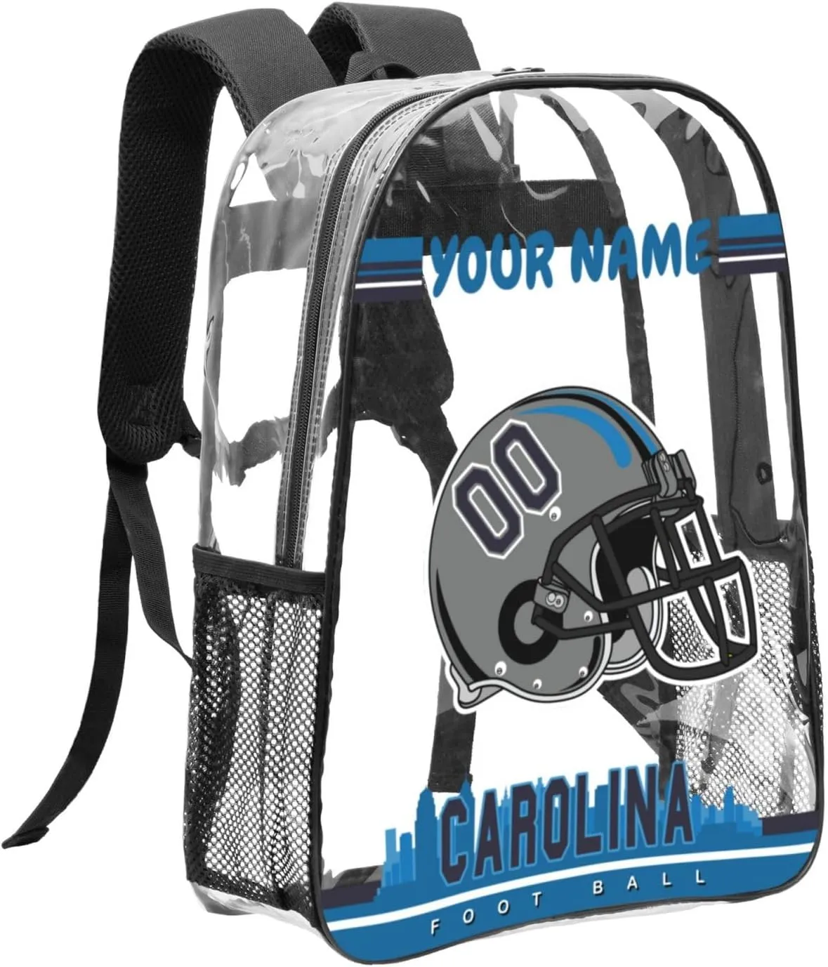 Custom Carolina Backpack Personalized Clear Backpack With Name And Number，Large Capacity Transparent Laptop Bag Football Style Casual Daypack Gifts For Men Women Fans