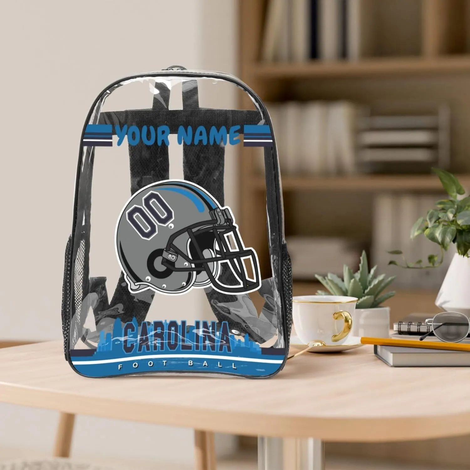 Custom Carolina Backpack Personalized Clear Backpack With Name And Number，Large Capacity Transparent Laptop Bag Football Style Casual Daypack Gifts For Men Women Fans