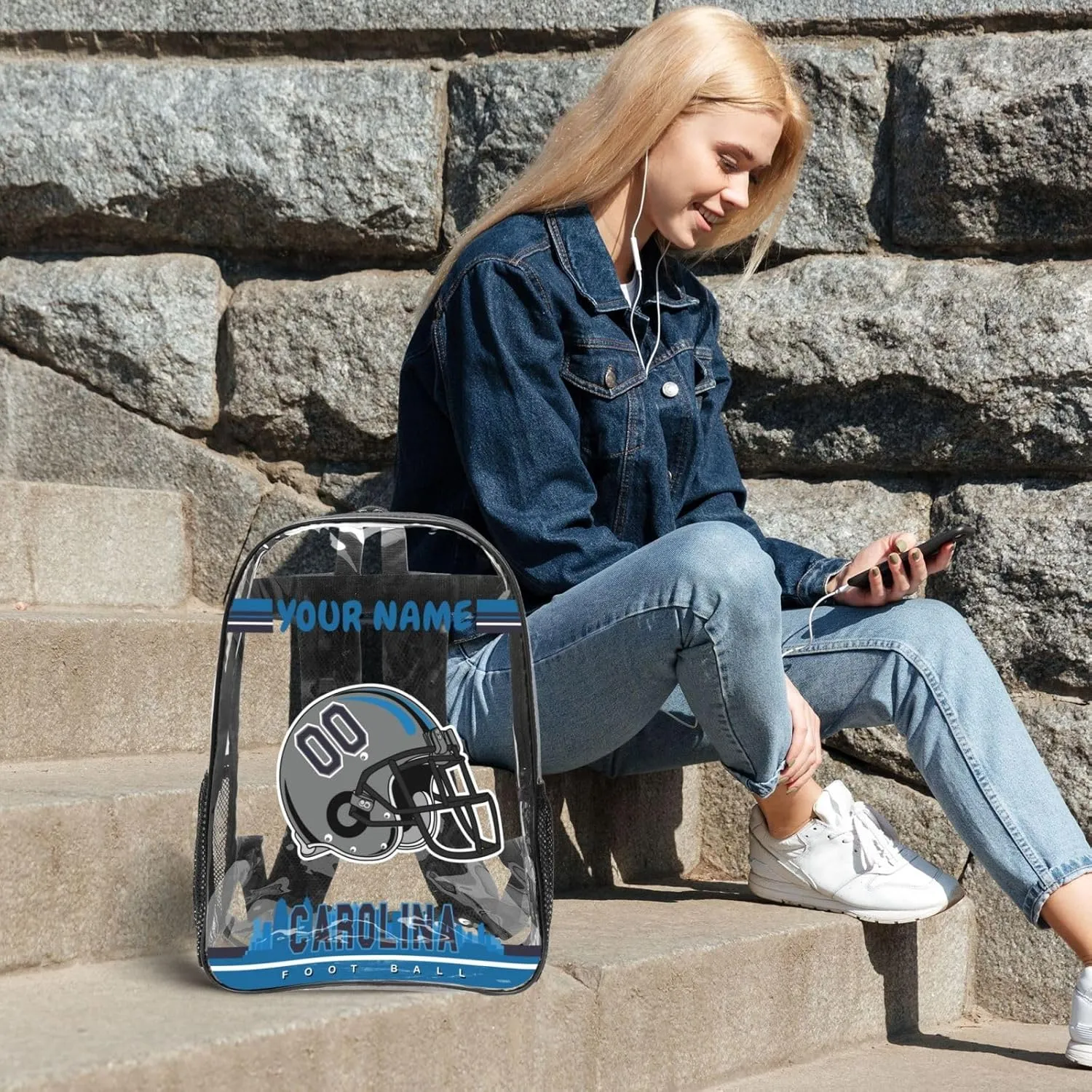 Custom Carolina Backpack Personalized Clear Backpack With Name And Number，Large Capacity Transparent Laptop Bag Football Style Casual Daypack Gifts For Men Women Fans