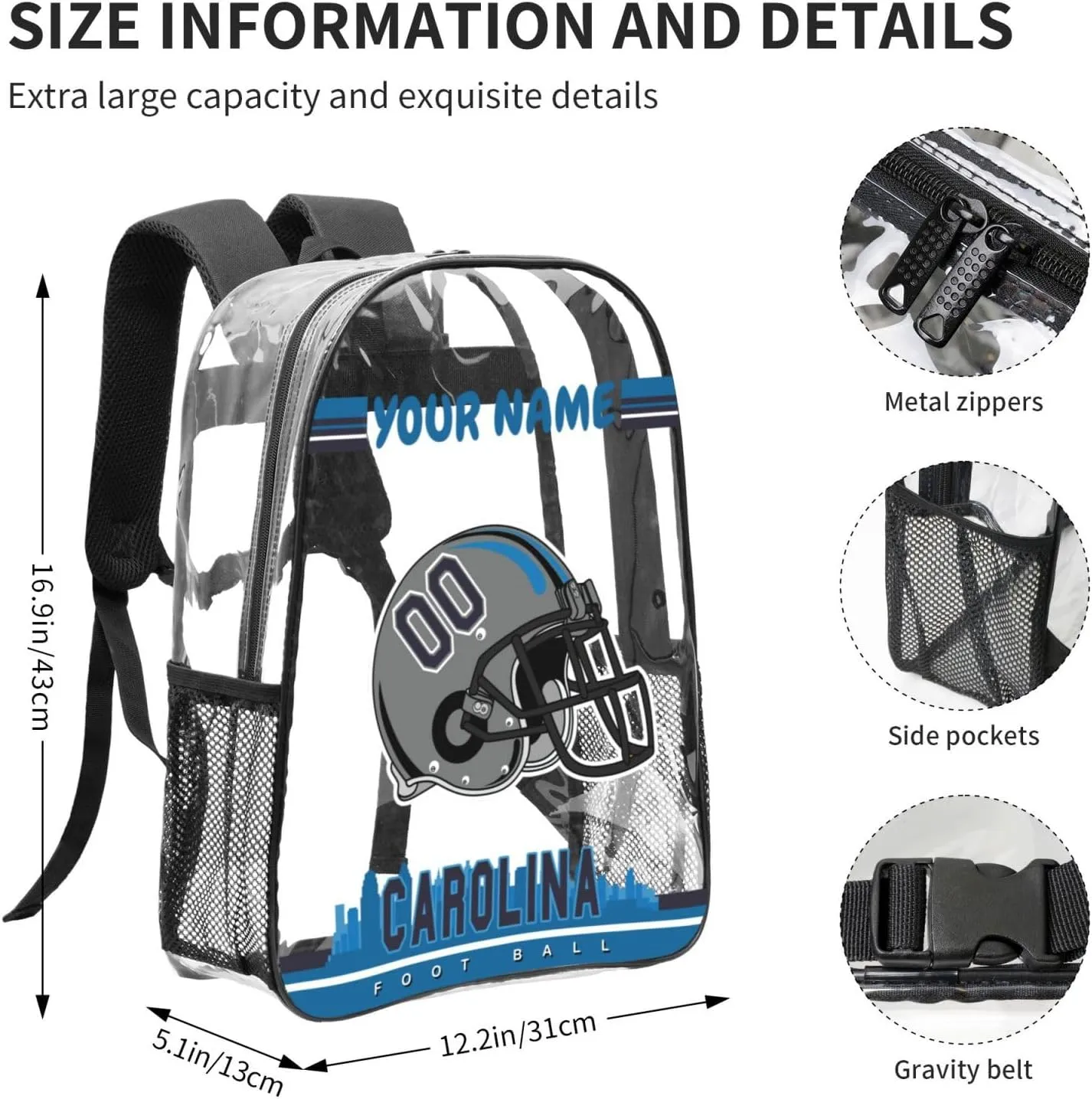 Custom Carolina Backpack Personalized Clear Backpack With Name And Number，Large Capacity Transparent Laptop Bag Football Style Casual Daypack Gifts For Men Women Fans