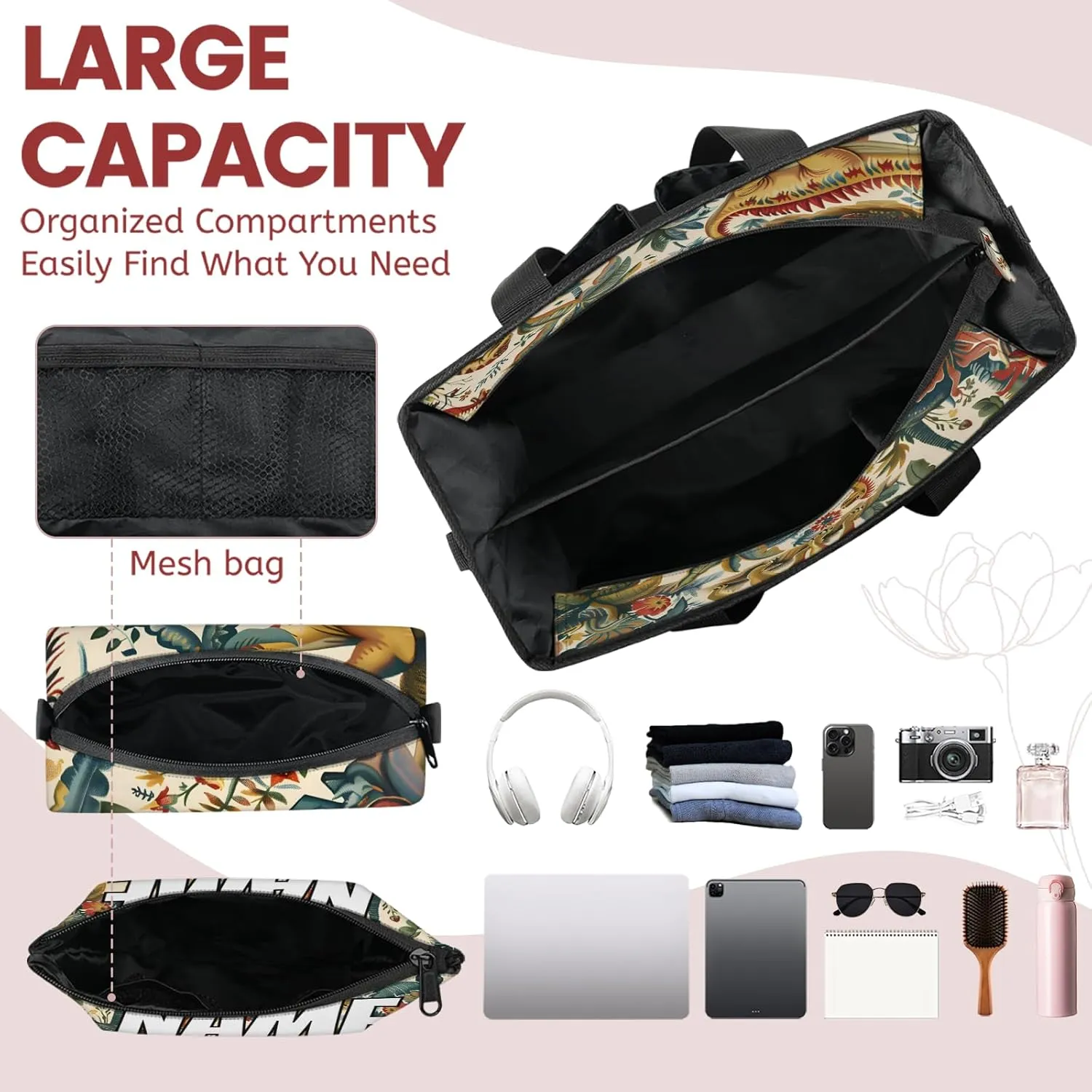 Custom Cute Dinosaurs Travel Duffle Bags for Women Weekender Overnight Jungle Cartoon Carry on Tote for Airplanes Business Hospital Gym with Toiletry Bag 3Pcs Set