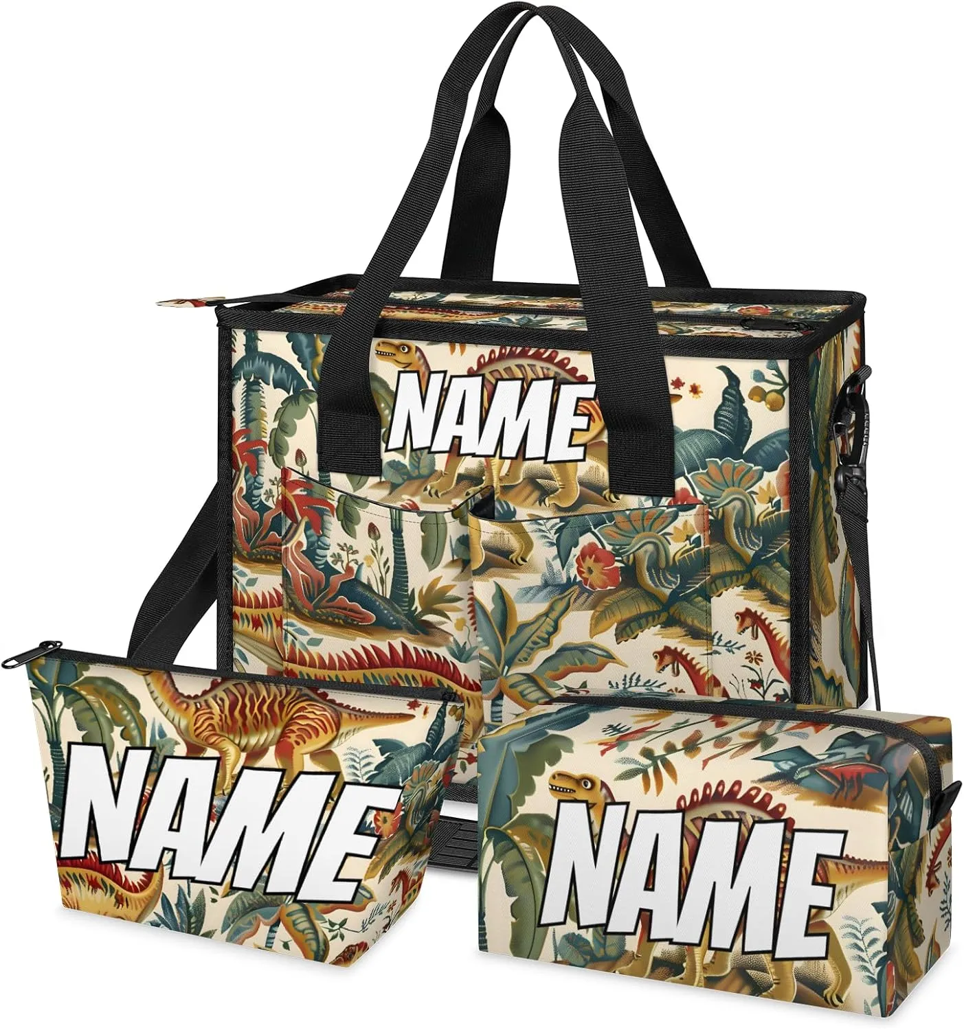 Custom Cute Dinosaurs Travel Duffle Bags for Women Weekender Overnight Jungle Cartoon Carry on Tote for Airplanes Business Hospital Gym with Toiletry Bag 3Pcs Set