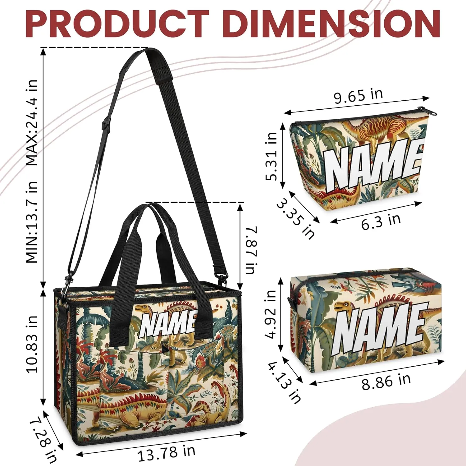 Custom Cute Dinosaurs Travel Duffle Bags for Women Weekender Overnight Jungle Cartoon Carry on Tote for Airplanes Business Hospital Gym with Toiletry Bag 3Pcs Set
