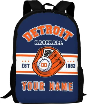 Custom Detroit Backpack Gift for Men Women Boy, Personalized Name Number Shoulder Bag for School Travel Daypack