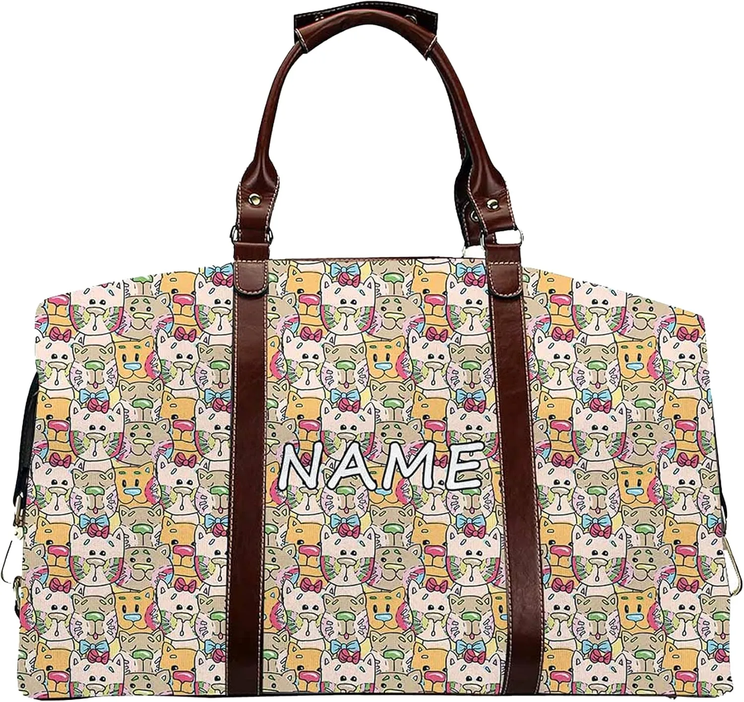 Custom Name Duffel Weekender Overnight Travel Tote Bags with Pocket Personalized Cat Gym Bag for Women