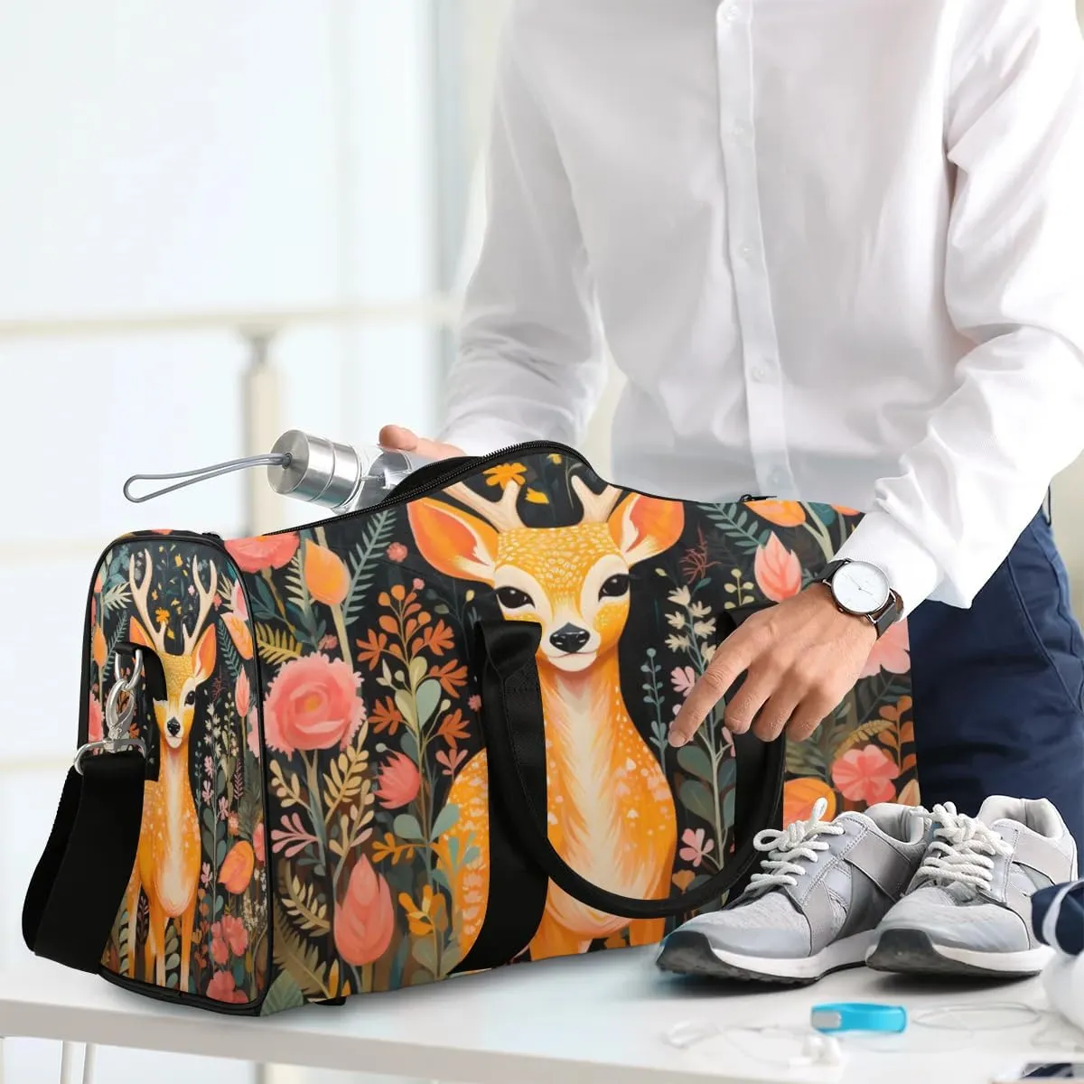 Cute Animal Deer Travel Duffel Bag for Women Men Waterproof Foldable Overnight Weekender Bag Large Capacity Sports Gym Bag