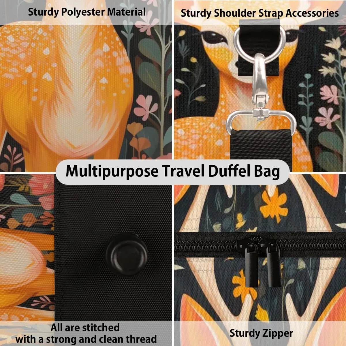 Cute Animal Deer Travel Duffel Bag for Women Men Waterproof Foldable Overnight Weekender Bag Large Capacity Sports Gym Bag
