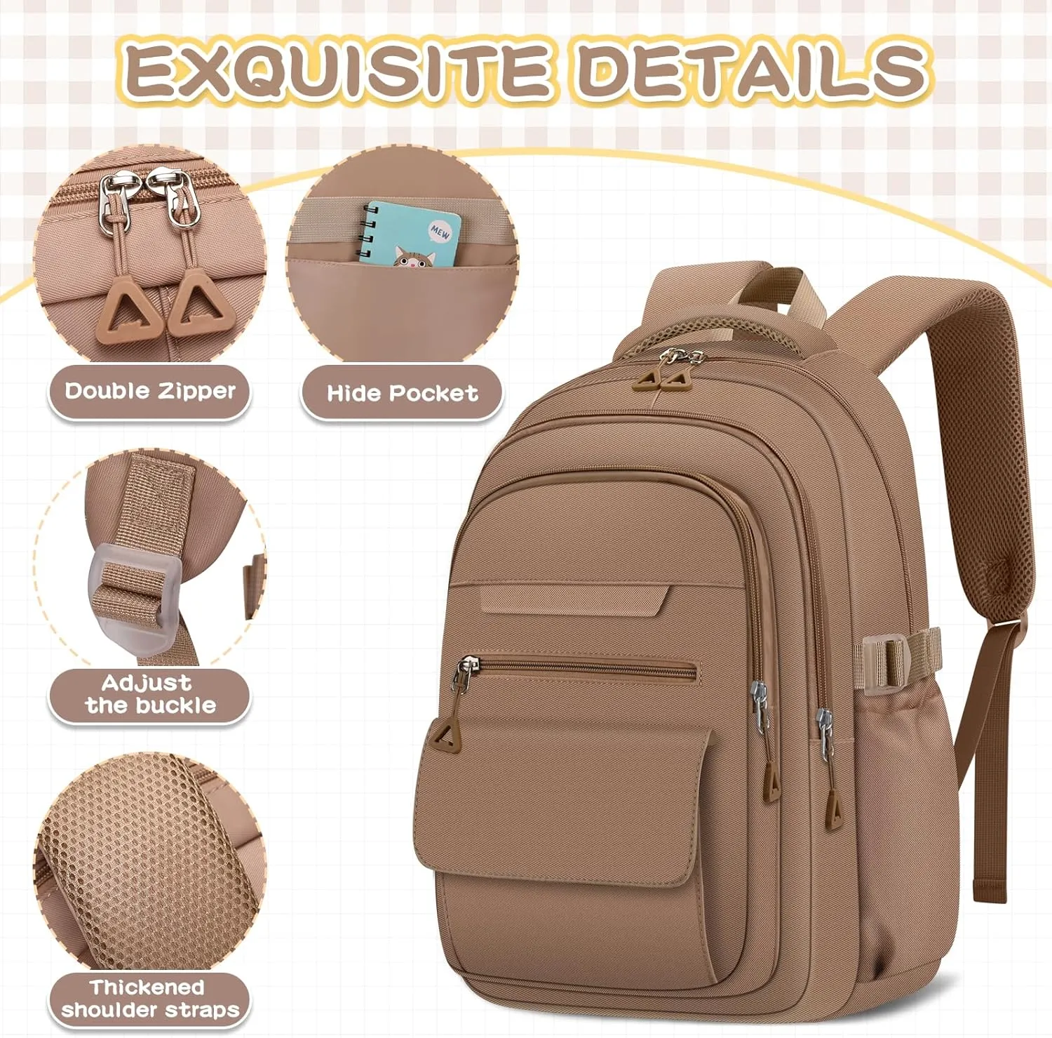 Cute Backpack for School Teen Girls Khaki Bookbag Aesthetic Womens Travel Book Bags for School Kids Student Back Packs