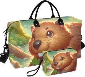 Cute Beaver Animal Print Duffle Travel Bags Cosmetic Pouch Set of 2, Flower Gym Tote Carry on Duffel Bag