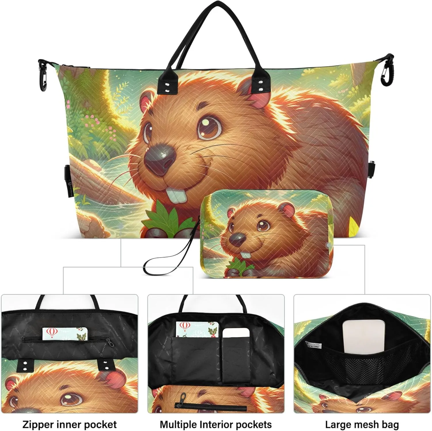 Cute Beaver Animal Print Duffle Travel Bags Cosmetic Pouch Set of 2, Flower Gym Tote Carry on Duffel Bag