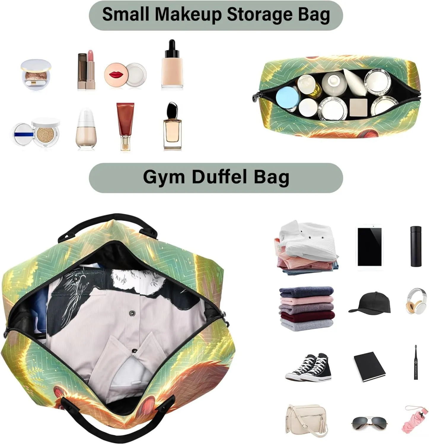 Cute Beaver Animal Print Duffle Travel Bags Cosmetic Pouch Set of 2, Flower Gym Tote Carry on Duffel Bag