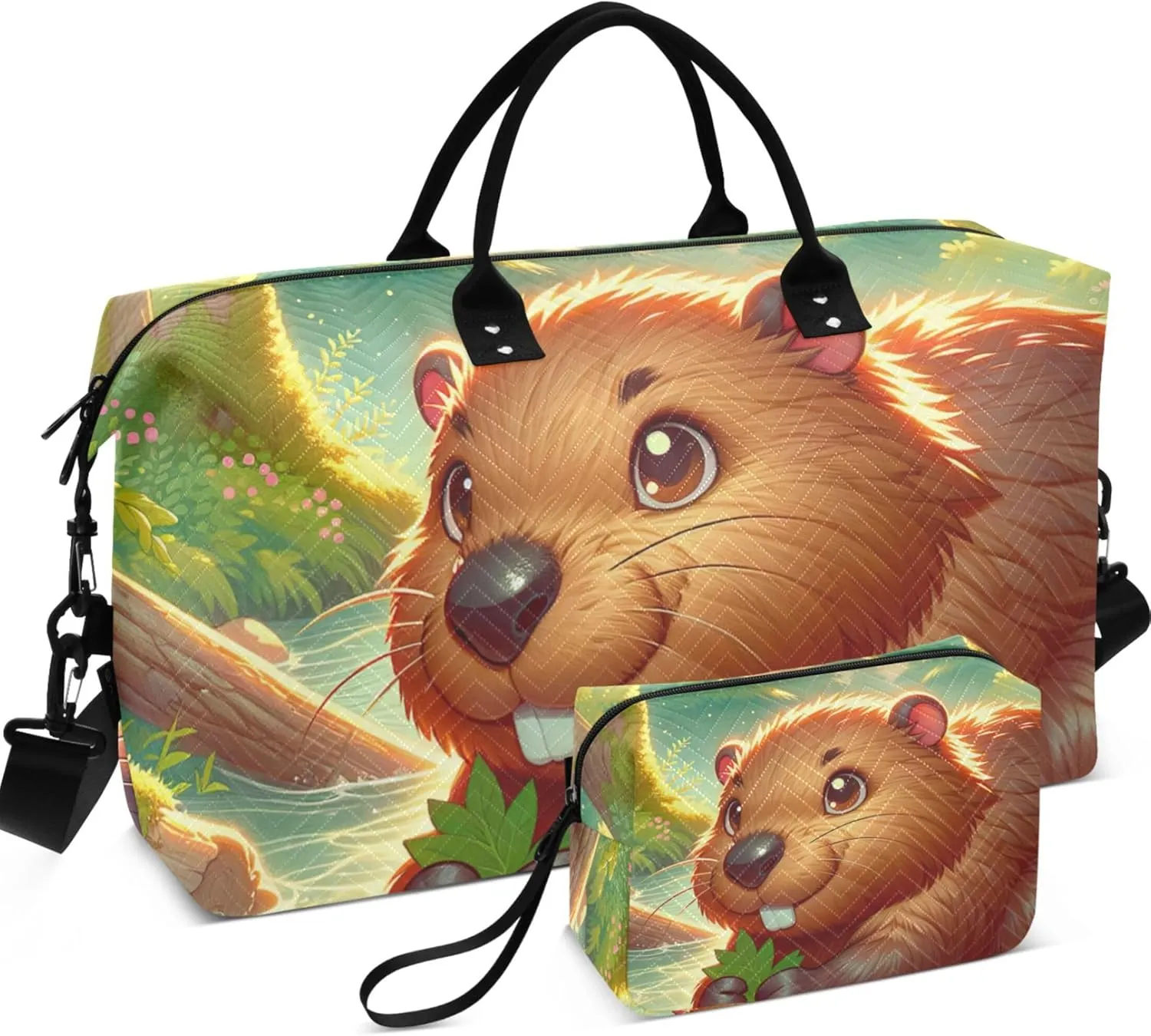 Cute Beaver Animal Print Duffle Travel Bags Cosmetic Pouch Set of 2, Flower Gym Tote Carry on Duffel Bag