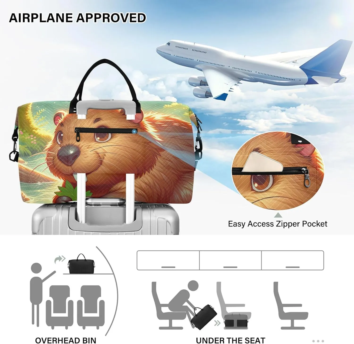 Cute Beaver Animal Print Duffle Travel Bags Cosmetic Pouch Set of 2, Flower Gym Tote Carry on Duffel Bag