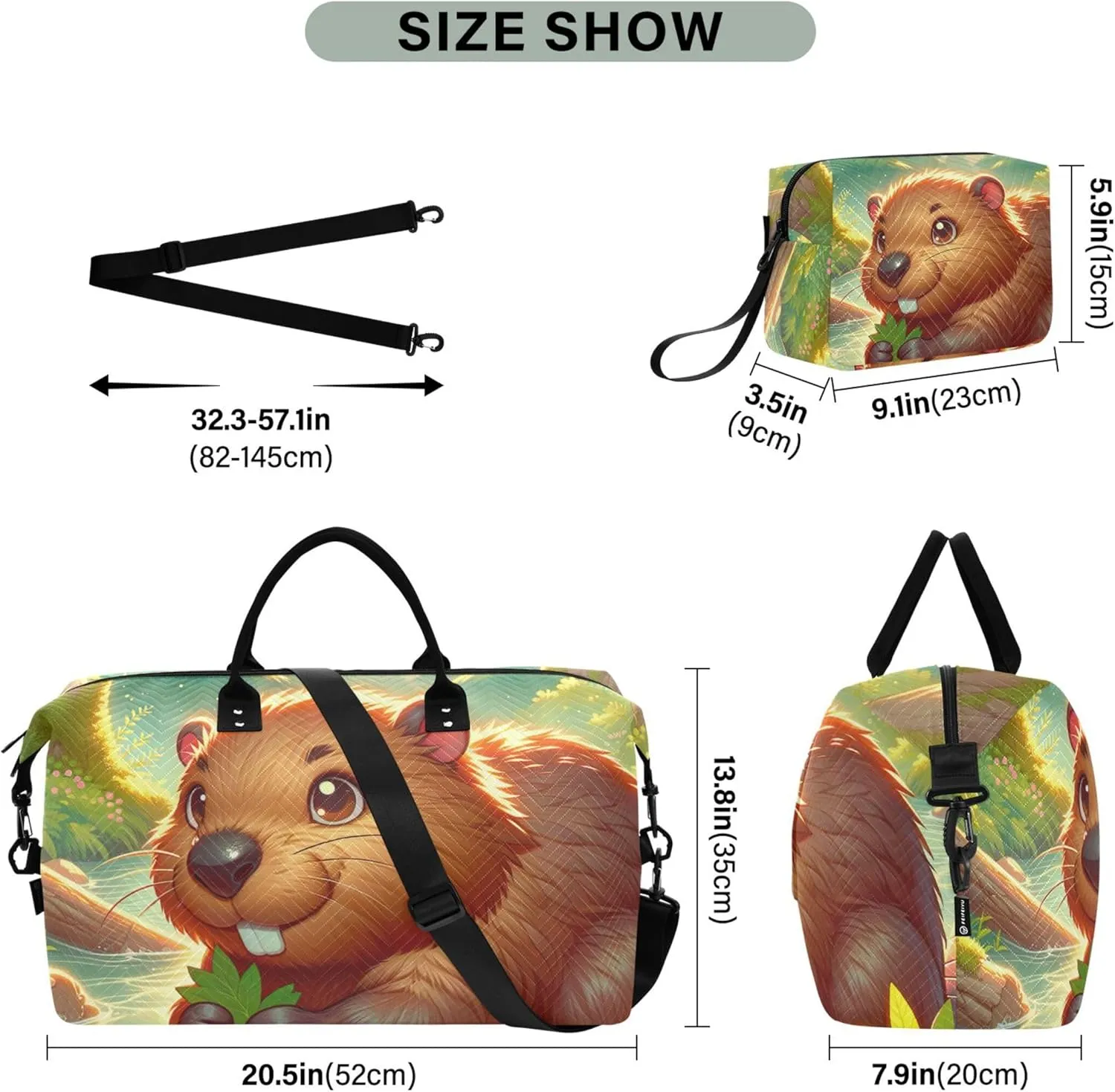 Cute Beaver Animal Print Duffle Travel Bags Cosmetic Pouch Set of 2, Flower Gym Tote Carry on Duffel Bag