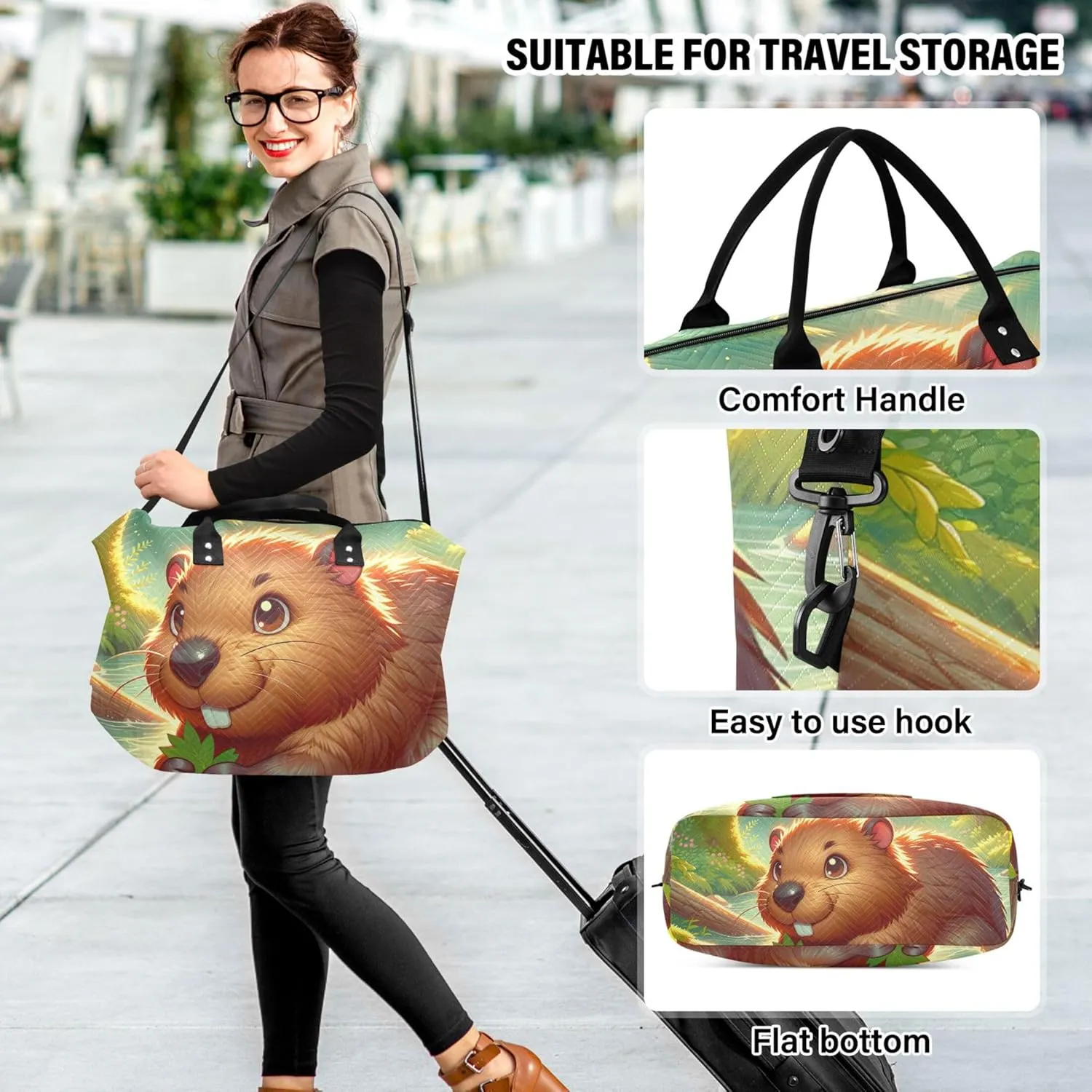 Cute Beaver Animal Print Duffle Travel Bags Cosmetic Pouch Set of 2, Flower Gym Tote Carry on Duffel Bag