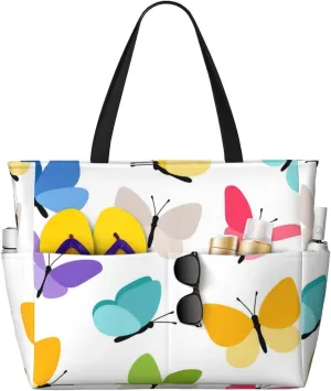 Cute Butterfly Beach Bag Women Tote Bag Pool Bag With Zipper For Gym Grocery Travel With Wet Pocket