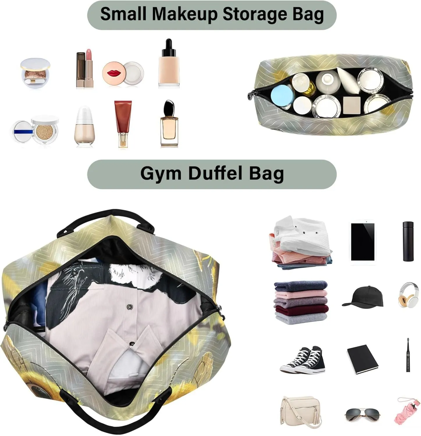 Cute Cartoon Bees Duffel Bag Womens Makeup Pouch Set of 2, Cute Women Sports Bags Carry on Bags for Airplanes