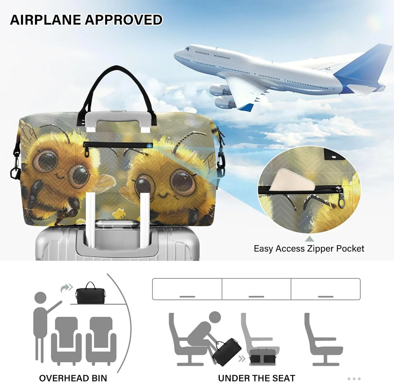 Cute Cartoon Bees Duffel Bag Womens Makeup Pouch Set of 2, Cute Women Sports Bags Carry on Bags for Airplanes